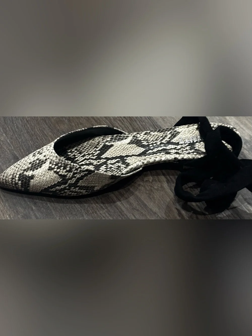 NIB Schutz Barbrah Snake Print Tie Ankle Ballet Flats Black Gray 9.5 Balletcore
